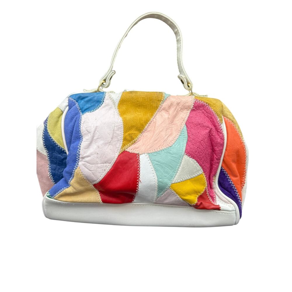đ Vintage 80s 90s Patchwork Leather Purse Womenâs Colorblock Satchel Rainbow - Picture 3 of 9